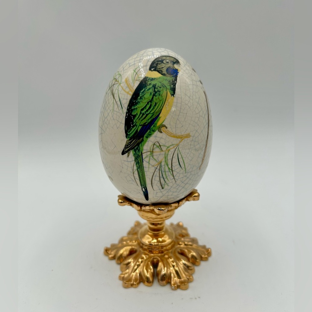 Elegant Parrot Decorative Egg with Gold Stand